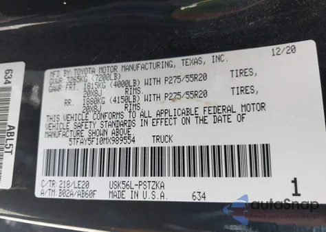 2021 Toyota Tundra Platinum z USA, uszkodzony, nr VIN 5TFAY5F10MX989554